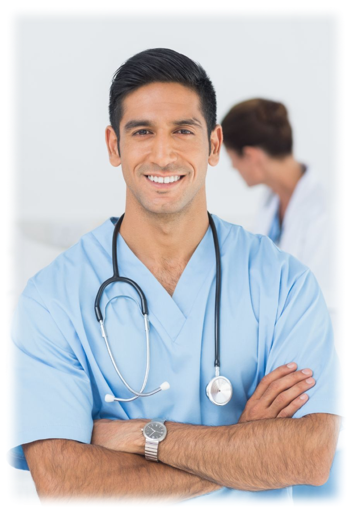 physicians_mobile_lab_testing Young, smiling male doctor with stethoscope crossing arms
